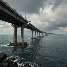 grainy futuristic photo of the remains of an enormous broken freeway bridge on the new york coast after the apocalypse ; the bridge leads into the wide ocean
