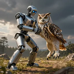 an owl wrestling a robot