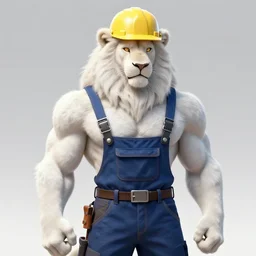 aesthetic portrait commission of a  of a male fully furry muscular anthro albino lion wearing attractive builders outfit with builders hat. Character design by charlie bowater, ross tran, artgerm, and makoto shinkai, detailed, inked, western comic book art, award winning film poster painting