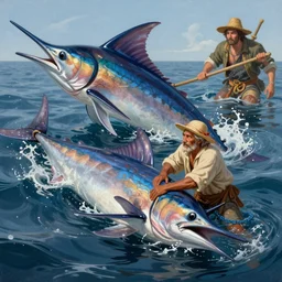 a matte painting from the novel, the old man and the sea scene as santiago is pulled out to sea, by a monster marlin, in the style of, greg rutkowski, jan van de cappelle, digital painting, photorealistic, ornately detailed, unreal engine, extremely detailed masterpiece, illustration, trending on artstation
