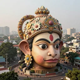 high quality 3 d flowerpunk biomorphic hanuman head building in the middle of mumbai!!, kalighat highly detailed, cinematic smooth, stephen shore & john j. park, soft morning light, wide shot, high angle, uhd 8 k, deep focus