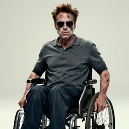movie poster for weekend at bernie's 3, robert downey jr in a wheelchair with dark sunglasses, grey facial flesh, cinematic lighting, zombie rigor mortis inanimate corpse in a wheelchair, robert downey starring in weekend at bernie's, bernie goes to vegas also starring danny devito and whoopi goldberg