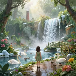 young girl, botanical garden, ornate, beautiful, atmosphere, vibe, mist, smoke, chimney, rain, well, wet, pristine, puddles, waterfall, melting, dripping, snow, swans, ducks, creek, lush, ice, bridge, cart, forest, flowers, concept art illustration, color page, 4 k, tone mapping, volumetric lighting, sunbeams, particles, rembrandt, trending on artstation