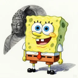 A beautiful conceptual art. Reality becomes illusory and observer-oriented when you study general relativity. Or Buddhism. Or get drafted. watercolor & pen, Spongebob Squarepants by Jun Kaneko elaborate