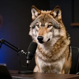 a portrait of a wolf talking on a podcast, dramatic lighting