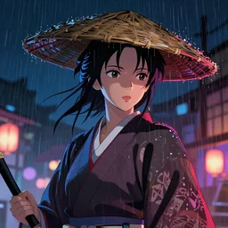 Beautiful female samurai, with straw hat, rainy night, neon glow concept art, sharp focus, intricate, digital painting, artstation, official media, anime key visual, highly detailed, rich vivid colors ambient lighting, illustration, art by Artgerm, Makoto Shinkai, Ilya Kuvshinov, Lois Van Baarle and Rossdraws