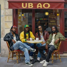 painting of the reggae band ub 4 0 sitting outside a parisian cafe by emile friant