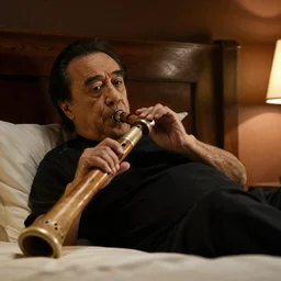 Danny DeVito laying on a bed playing with his didgeridoo, cinematic, studio light, 8K,