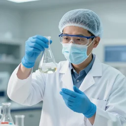 Scientist in a lab coat holding a flask.
