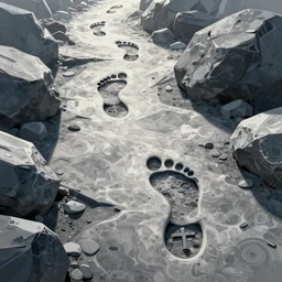 trail footprints with cross embedded in stones, style by feng zhu, digital art illustration