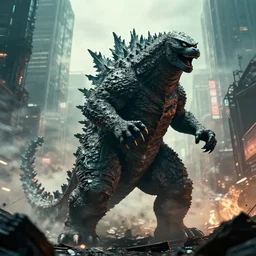 cinestill of cat godzilla rampaging in big city, disaster movie