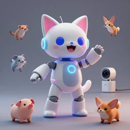 product photo of a futuristic happy surprised robot pet, asymmetric minimalistic cute, by artgerm and greg rutkowski and marc newson and zaha hadid, alphonse mucha, samsung apple webcam, matte glossy materials, neon, kitten puppy pig otter fennec. flowing dancing pose. three quarter view, volumetric light, detailed, octane render, midsommar