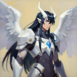 greg manchess portrait painting of albedo overseer of the guardians of the great tomb of nazarick with dark long hair and white horns and wings as overwatch character, medium shot, asymmetrical, profile picture, organic painting, sunny day, matte painting, bold shapes, hard edges, street art, trending on artstation, by huang guangjian and gil elvgren and sachin teng