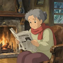 An old lady is sitting in front of a fireplace in the living room while she reads a newspaper. Her house seems warm and cozy despite it being cold outside. She wears a sweater with a scarf wrapped around her neck. digital art, studio ghibli, highly detailed, fantasy, natural lighting, trending on artstation