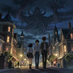 an victorian city, scene in the night, cthulhu in the sky. 1 8 9 0, key visual, conceptart, ambient lighting, highly detailed, digital painting, artstation, concept art, sharp focus, by makoto shinkai and akihiko yoshida and greg manchess