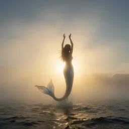 mermaid rising from ocean mist smoke, rays of light, golden hour, low angle,, beautiful by marc adamus and katayama bokuyo and dawson