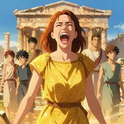 high detail portrait, screaming woman wearing an ancient greek yellow paper tunic, stephen bliss, fantasy art by greg rutkowski, rhads, ferdinand knab, makoto shinkai and lois van baarle, ilya kuvshinov, rossdraws, tom bagshaw, global illumination, radiant light, ancient greek temple ruins, orange and blue color theme
