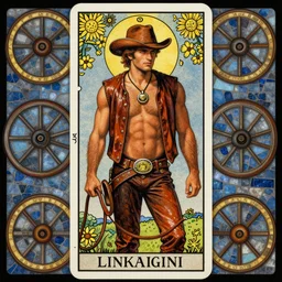 a beautiful epic symmetrical tarot painting of a handome hairy shirtless cowboy wearing a leather vest and pants and a circular pendant around his neck. He is holding reins | background is a mosaic of wagon wheels | tarot card, art deco, art nouveau | trending on artstation