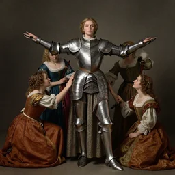 dynamic fullbody portrait of a beautiful!!! female knight with two young maids that are helping her don her elaborate armor, her arms are open, renaissance dresses and mood, by greg rutkowski and gaston bussiere and craig mullins and j. c. leyendecker