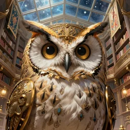 steampunk owl with a polygonal library walls and glass ceilings showing the stars and hanging silk drapery and tapestries, light dust, magnificent, close up, details, sharp focus, elegant, highly detailed, illustration, by Jordan Grimmer and greg rutkowski and PiNe(パイネ) and 薯子Imoko and 香川悠作 and wlop and maya takamura, intricate, beautiful, Trending artstation, pixiv, digital Art