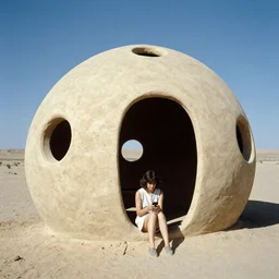 lustful woman standing outside a Non-Euclidean orb-like clay house sitting in the desert and looking at her phone, vintage photo, beautiful cinematography, blue sky, film grain, James Turrell