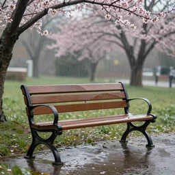 beautiful 8 k stylized picture of an empty bench in the pouring rain, spring, detailed, 4 k resolution, dynamic lighting