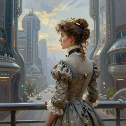 portrait of a victorian lady in a futuristic city, from behind, streets, beautiful, sci-fi, open sky, tall buildings, highly detailed, digital painting by Claude Monet