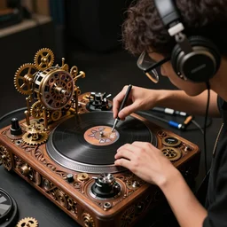 a person doing turntablism dj scratching on a retro steampunk clockwork mixing board and record player, intricate carved wood, planetary gears, complex contraption, wearing old school headphones and visor, cinematix, imax, sharp focus, hyper detail