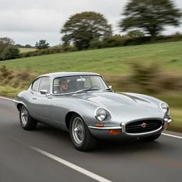 award winning photo of a man driving an ultra detailed high quality!! jaguar e - type!! car speeding very fast along an english country road, fast shutter speed, motion blur, tiny gaussian blur, highly detailed, highly intricate, depth of field, trending on top gear, car brochure photo, full car body, wide angle lens