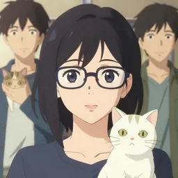 anime portrait of one lady wearing eyeglasses with one cat by wlop, loish, ilya kuvshinov, makoto shinkai, and artgerm elegant, vivid colors, hyperdetailed artistic lines, intricate, in the style of borderlands, artstation, 8 k