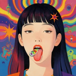 a colorful vibrant closeup portrait of a simple half man half girl licking a tab of LSD acid on his tongue and dreaming psychedelic hallucinations, by kawase hasui, moebius, Edward Hopper and James Gilleard, Zdzislaw Beksinski, Steven Outram colorful flat surreal design, hd, 8k, artstation