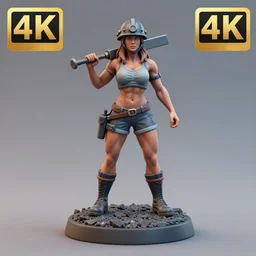80mm resin detailed miniature of a very Muscular miner woman, helmet, stomach, navel, boots, Logo, textured base; Product Introduction Photos, 4K, view from front