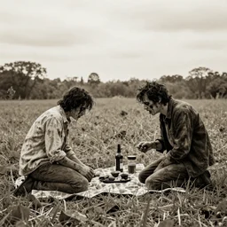 two zombies having a picnic on a grassy field, found footage style, sepia photography