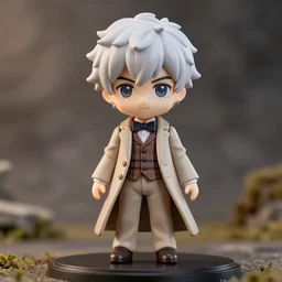 aziraphale from good omens in nendoroid style, good omens tv series, white curly short hair, beige suit, long coat, brown tartan vest, bow tie, michael sheen