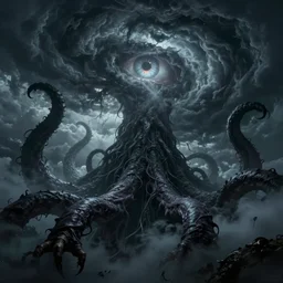 immense tentacles reaching from the sky, clouds opening, eye of the storm, hp lovecraft, untold horror and nightmarish night, photorealistic, octane render