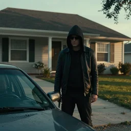 movie scene, assassin waiting outside a house in his car, silenced pistol, by emmanuel lubezki