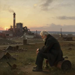 a sad solitary old man looks on as in the evening sunlight as in the distance a factory is demolished, in the style of thomas lawrence