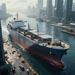 photo of Immense industrial futuristic cargo ship arrives at cyber punk city sea port, cinematic lighting, photo