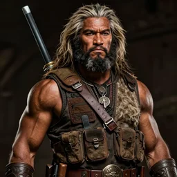 portrait of a man by greg rutkowski, old bounty hanter, samoan features, tall and muscular, epic beard, star wars expanded universe, he is about 8 0 years old, wearing tactical gear.