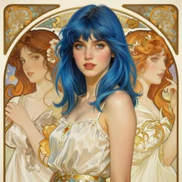 handsome young women with shoulder length blue hair, half body shot, path traced, highly detailed, high quality, digital painting, alena aenami, lilia alvarado, shinji aramaki, karol bak, alphonse mucha, tom bagshaw