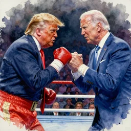 a beautiful painting of donald trump fist - fighting joe biden in a boxing ring, rendered art, highly detailed painting by gaston bussiere, craig mullins, j. c. leyendecker 8 k, trending on artstation, art, fighting, watercolor