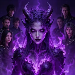 a beautiful portrait of a young cosmic Demon women covered in deep purple flames with an intense look on her face by Greg Rutkowski, Sung Choi, Mitchell Mohrhauser, Maciej Kuciara, Johnson Ting, Maxim Verehin, Peter Konig, Bloodborne , 8k photorealistic, cinematic lighting, HD, high details, atmospheric , trending on artstation
