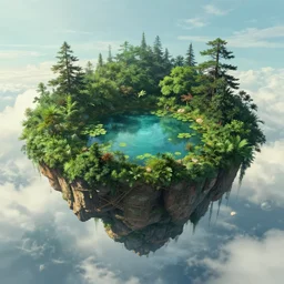 island with lush pond in the sky floating island surreal andreas achenbach, artgerm, mikko lagerstedt, zack snyder, tokujin yoshioka