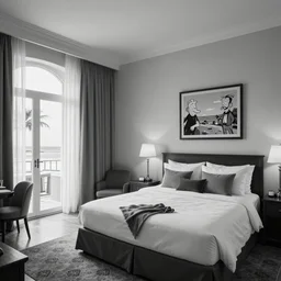 hotel room of a high class beach hotel, style like Adams family, black and white photography, epic shot, cinematic lighting, sharp focus, octane render, highly detailed, very realistic, photorealistic, Artstationhd, 8k, award winning on Artstation, hyper detailed, hyper realistic
