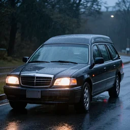 late night, rain, hearse, drive with red glowing eyes