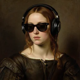 a pre raphaelite painting of daisy ridley wearing headphones and sunglasses by dante gabriel rossett