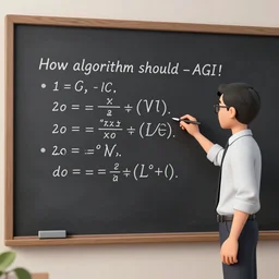 A black board with an equation that shows how an AGI algorithm should be coded, a professor standing next to the board, writing comments underneath to help readers understand the math, 4k wide lenses photograph, unreal engine 5 full rendering, depth of field, 3D