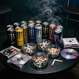 a table full of energy drinks ash trays cigarette buds and cd's in a smokey room