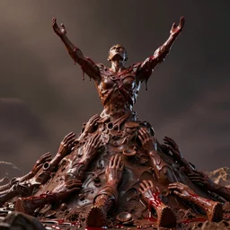 a pile of human remains with hands in prayer and arms upstretched, chocolate mountain, dripping with blood, dark, 3 d render, insane engine, 8 k, photorealistic, amazing detail,