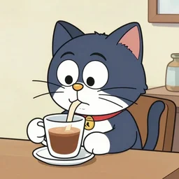 A cat sipping coffee, cartoon in the style of.cartoon network
